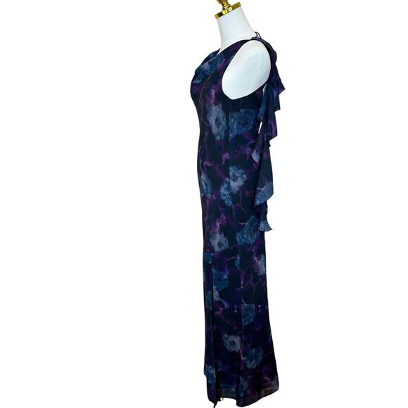 Rotate Purple Watercolor Chiffon Slip Maxi Dress SIZE 2 Ruffle Cowl Party $430 - Picture 10 of 15